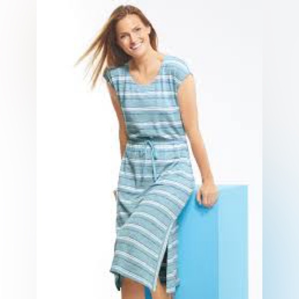 T by Talbots blue striped drawstring tie waist midi dress, size large petite.